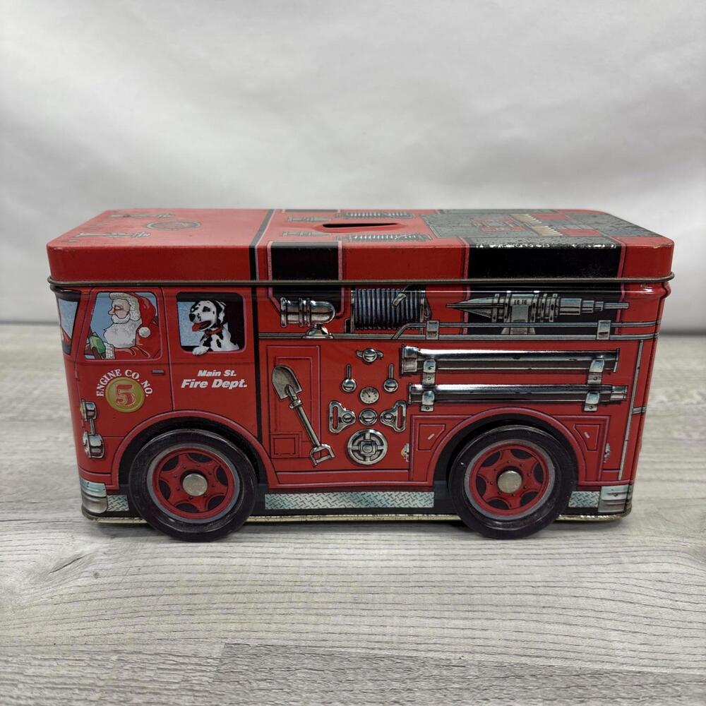 Tin Box Co North Pole Fire Department Tin Firetruck Coin Bank ~ Wheels Roll
